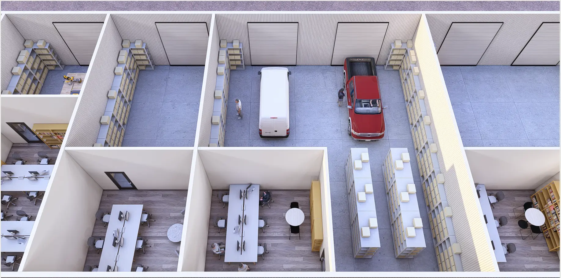 Cutaway rendering of drive-in units and shared workspace